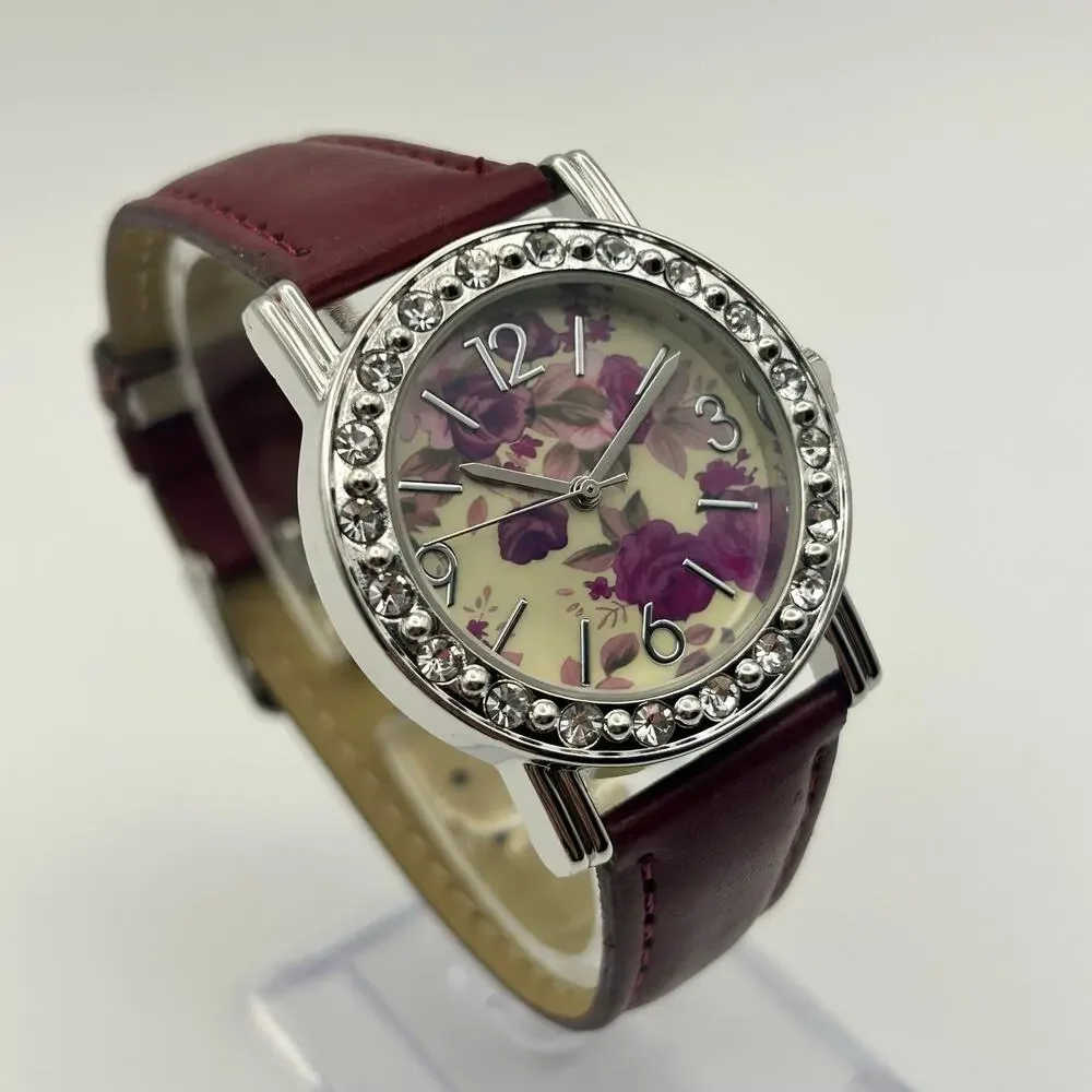Floral Dial Crystal Bezel Women’s Watch Brown Leather Working New Battery